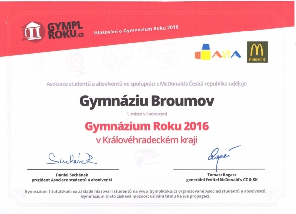Gymnázium Broumov je Gymplem roku 2016